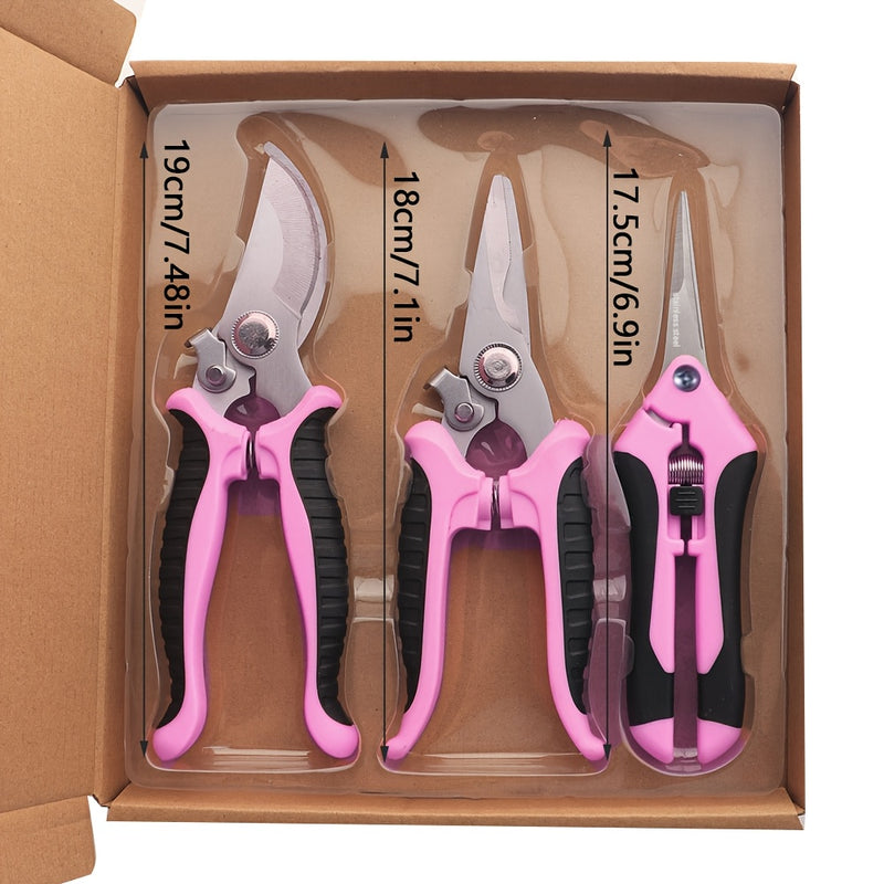 3 piezas de tijeras de jardín profesionales rosas - Hojas de acero inoxidable, asas ergonómicas, afiladas y duraderas para cortar fácilmente, ideales para la disposición de flores y paisajismo, juego de tijeras de jardín | Asas ergonómicas | Filos de cor