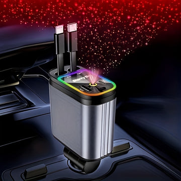 Cargador de auto retráctil SAN.COMO, cargador de auto 4 en 1 con diseño estelar, carga rápida dual USB-C, cable retráctil extensible de 80 cm (doble puerto y doble cable) y 2 puertos USB, adaptador de cargador de auto de 66W, ajuste libre de 180°, diseño