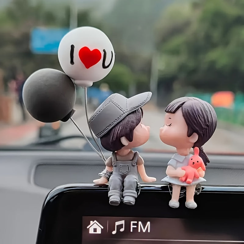 Figuras de acción de parejas de dibujos animados con globos para el salpicadero del coche - Resina ABS duradera, accesorio perfecto para el interior del auto y regalo para niñas, decoración de coche linda