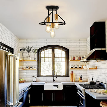 1 pieza de luz de techo semi-inclinada 3 luces - Luces de pasillo, luces de cocina industrial de granja, enchufe E26 de entrada, negro y dorado, base E26, 85V-265V, sin batería, material de hierro, para instalación eléctrica/hard wiring de habitación