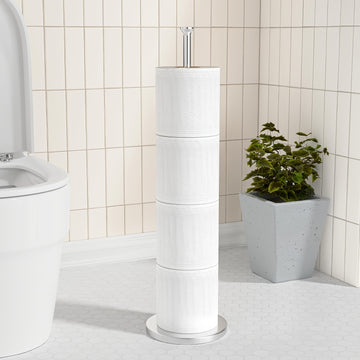 Soporte Independiente de Acero Inoxidable para Papel Higiénico con Almacenamiento de Rollo de Repuesto - Diseño Sobre el Tanque para Organización del Baño