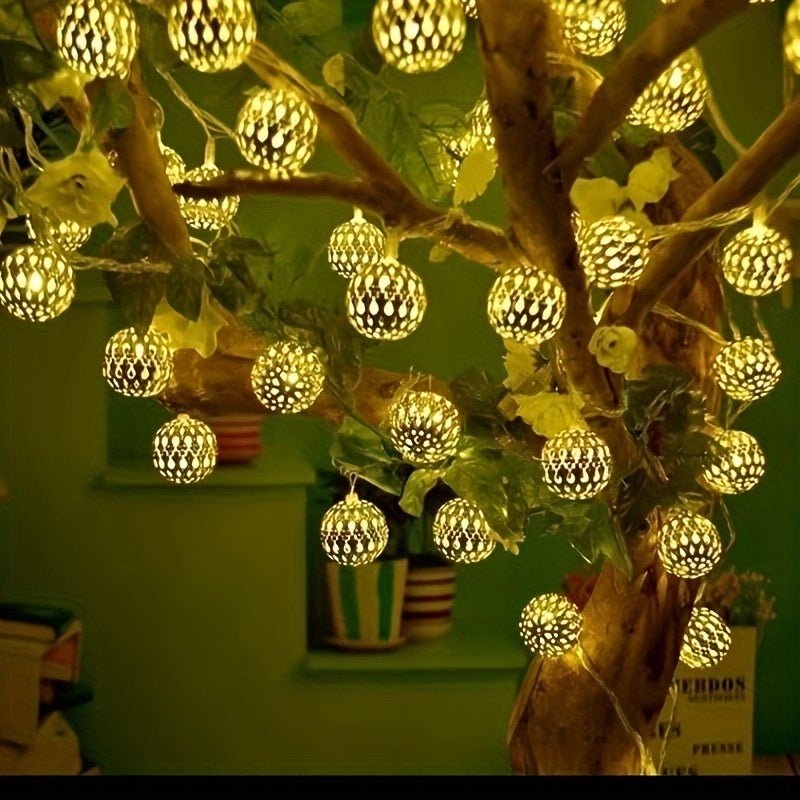 1pc Luces de Cadena con Bolas de Hierro de Inspiración Marroquí - Amarillo, Fijación No Removible, Funcionan con Pilas (Pilas No Incluidas), 36V o Menos, Material de Hierro con Fuente de Luz Incorporada, para Fondo Festivo y Decoración Fotográfica, Ilumi
