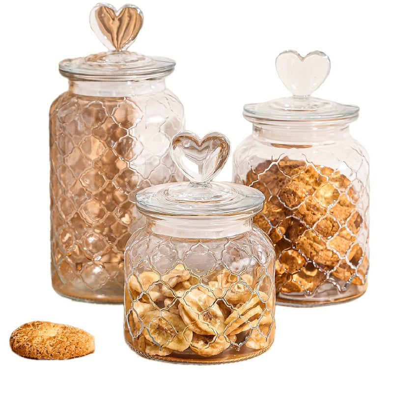 1 vaso de vidrio con tapa en forma de corazón - Contenedor de almacenamiento hermético reutilizable para frutas secas, granos y comida para mascotas - Organización de cocina y despensa transparente, organizadores y almacenamiento de despensa