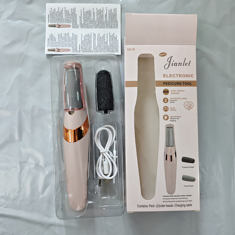 Juego de eliminador de pies eléctrico recargable - Máquina de pedicura profesional con 2 cabezas de molienda (gruesa y fina), kit de herramientas para limpieza de pies incluyendo cable de carga y cepillo de limpieza - Perfecto para eliminar piezas de luz