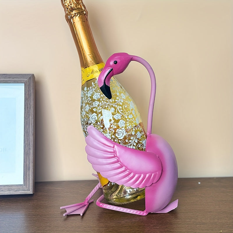 Soporte de vino de metal con forma de flamenco y soporte de vidrio - Creativo almacenamiento de botellas de vino rojo, diseño de ave divertido para decoración de escritorio, cocina y hogar, decoración única del hogar, diseño juguetón, construcción sólida.