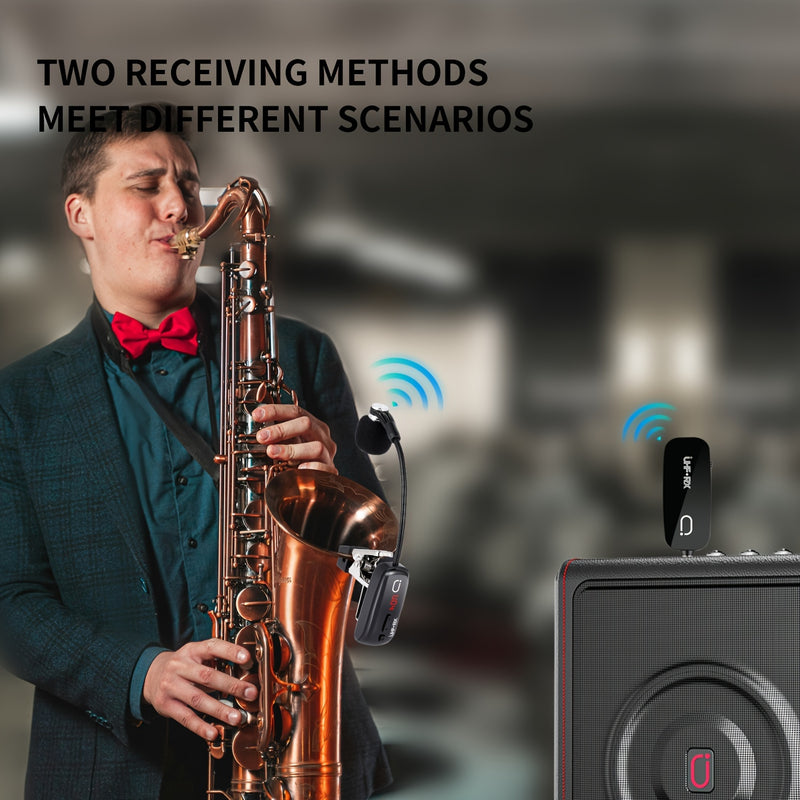 Micrófono inalámbrico UHF JYX para saxofón - Diseño de cuello de ganso con carga USB, conector de 6,35 mm, rango de transmisión de 160 pies, compatible con saxofón, trompeta, clarinete, violonchelo, trombón, cuerno francés, tuba - Incluye estuche de alma