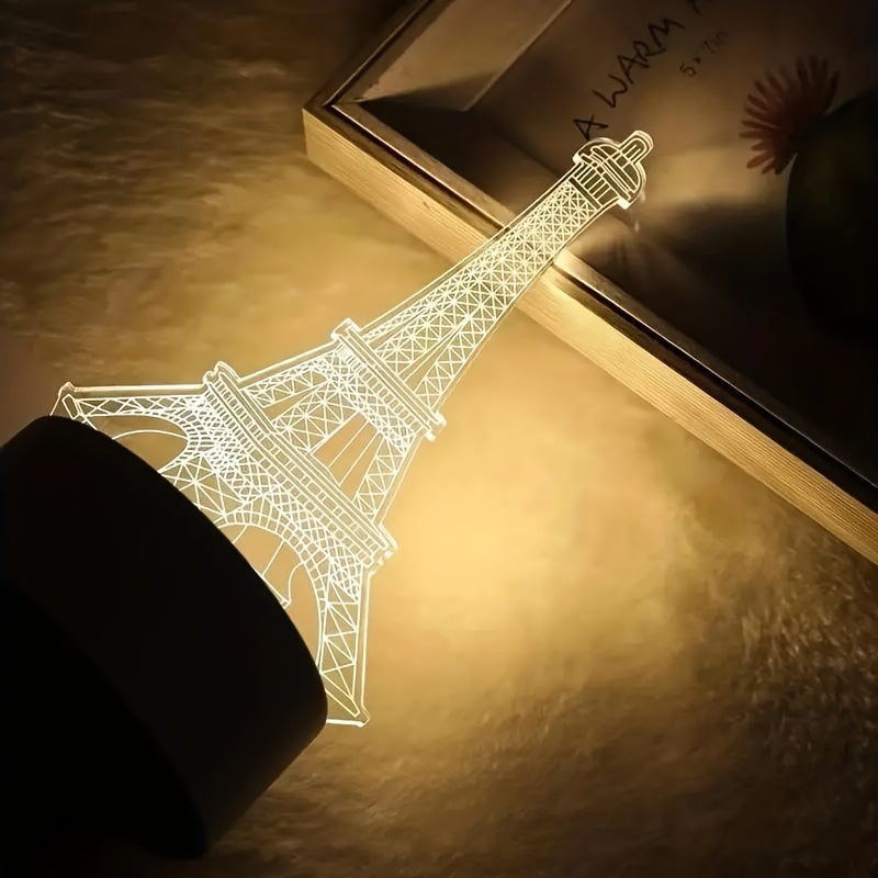 1 lámpara LEDUGF moderna 3D de la Torre Eiffel con base blanca, luz cálida monocromática, control por interruptor, material plástico, incluye cable, alimentación por USB, para dormitorio