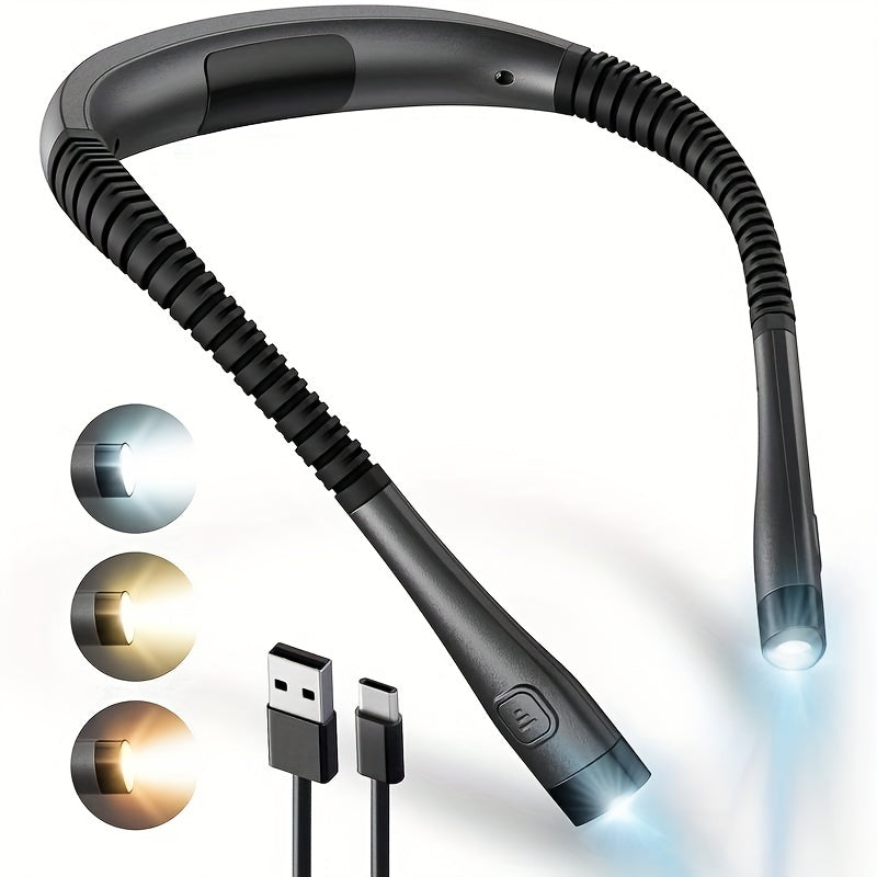 Lámpara de cuello LED manos libres, luz para leer, luz para libros, 3 colores, 6 niveles de brillo, brazos flexibles, recargable, larga duración, ideal para leer, tejer, acampar, reparaciones y actividades al aire libre