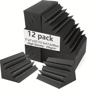 12 Piezas de Espuma Acústica Negra de Alta Densidad para Esquinas, 17.5x17.5x30 cm, Paneles Antirruido en Forma de Cuña para Estudios de Grabación, Salas de Música y Cines Caseros, Absorción de Bajas Frecuencias, Superficie Texturizada para Mayor Aislami