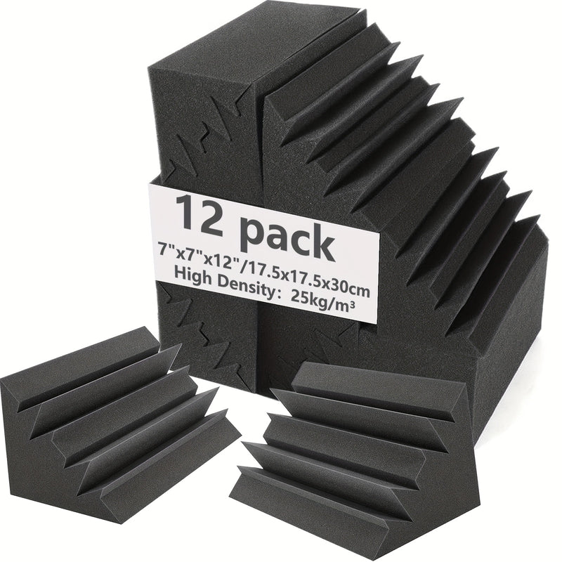 12 Piezas de Espuma Acústica Negra de Alta Densidad para Esquinas, 17.5x17.5x30 cm, Paneles Antirruido en Forma de Cuña para Estudios de Grabación, Salas de Música y Cines Caseros, Absorción de Bajas Frecuencias, Superficie Texturizada para Mayor Aislami