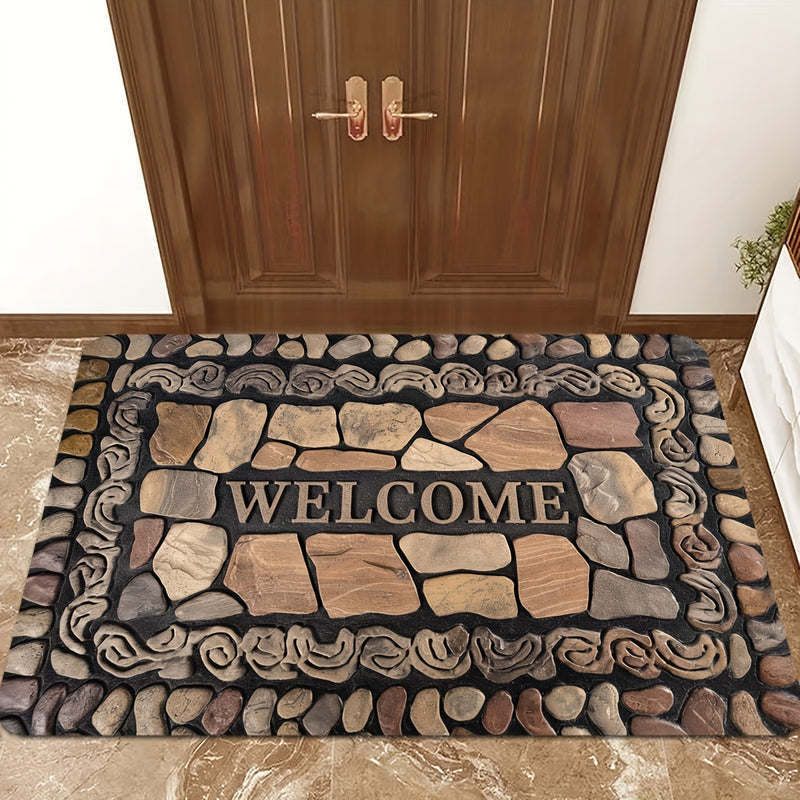1 pieza, alfombra de bienvenida con estampado de piedras - Alfombra de suelo de poliéster antideslizante para uso interior/exterior, secado rápido, ideal para entrada, cocina, lavandería, baño y más, alfombra de área lavable