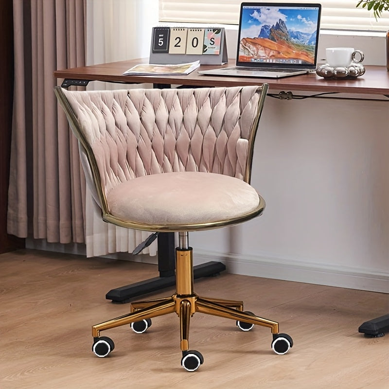 Silla giratoria de terciopelo dorado para maquillaje, con respaldo tejido, altura ajustable y giro de 360°, ideal para tocador, salón de belleza, mesa de manicura, escritorio de estudio y computadora