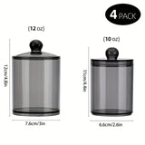 Juego de 4 frascos de plástico transparentes de 12 oz y 10 oz, organizadores y contenedores de almacenamiento para baño, bolas, hisopos, almohadillas redondas, hilo dental, con tapa