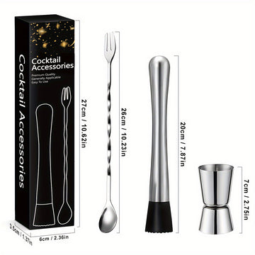 3 piezas de acero inoxidable, juego de mezcladores de cócteles, accesorios de bar con muddler de hielo, cuchara para revolver, taza de medición recta y abridor de botellas, kit de herramientas de bar duraderas para uso doméstico y profesional