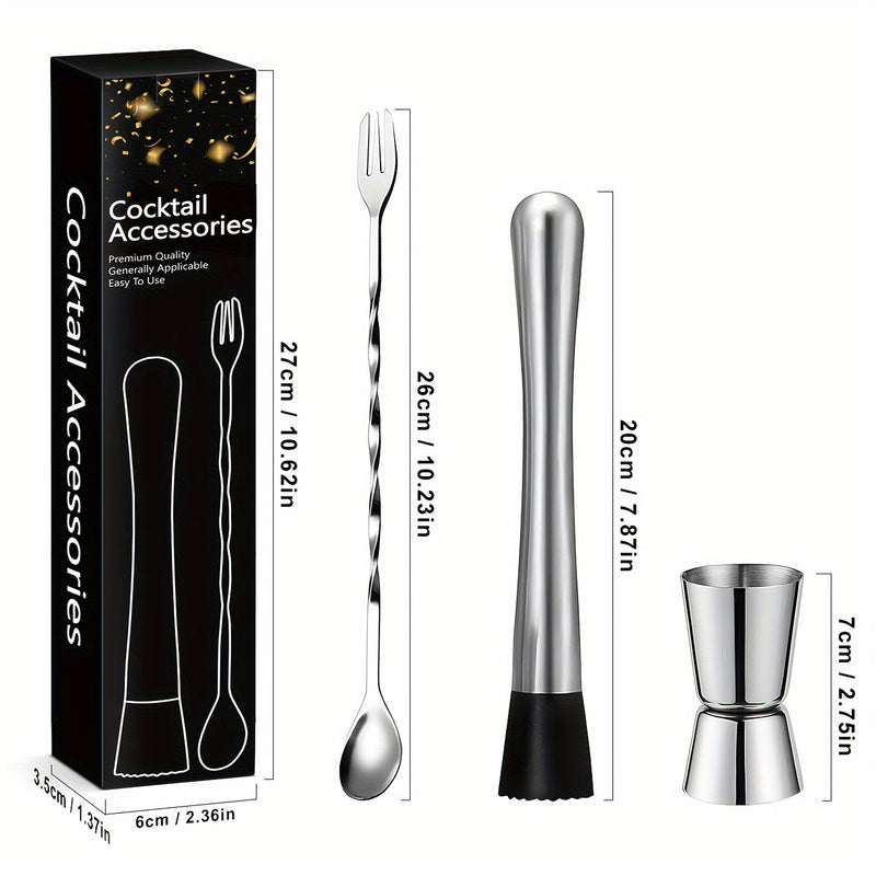 3 piezas de acero inoxidable, juego de mezcladores de cócteles, accesorios de bar con muddler de hielo, cuchara para revolver, taza de medición recta y abridor de botellas, kit de herramientas de bar duraderas para uso doméstico y profesional