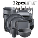 Juego de vajilla de plástico PP ligero, 32/64 piezas, resistente para microondas y lavavajillas, forma redonda moderna, ideal para Año Nuevo, Día de San Valentín y picnics al aire libre (en gris y negro), esenciales para picnic, vajilla moderna, juego de