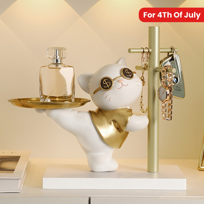 1 pieza, Figurita de gato de la suerte de resina con bandeja dorada, soporte para llaves y joyas, organizador de almacenamiento decorativo para accesorios, acento de decoración del hogar, idea de regalo perfecta, soporte de exhibición multiusos