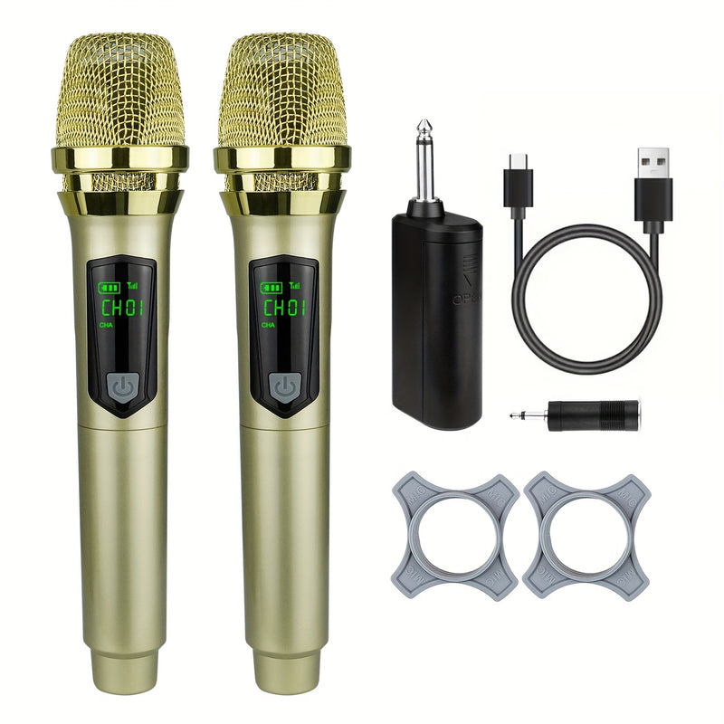 Conjunto de Micrófono sin varillas Dual con Receptor Recargable y Salida 1/4", Plug and Play para Karaoke y Canto