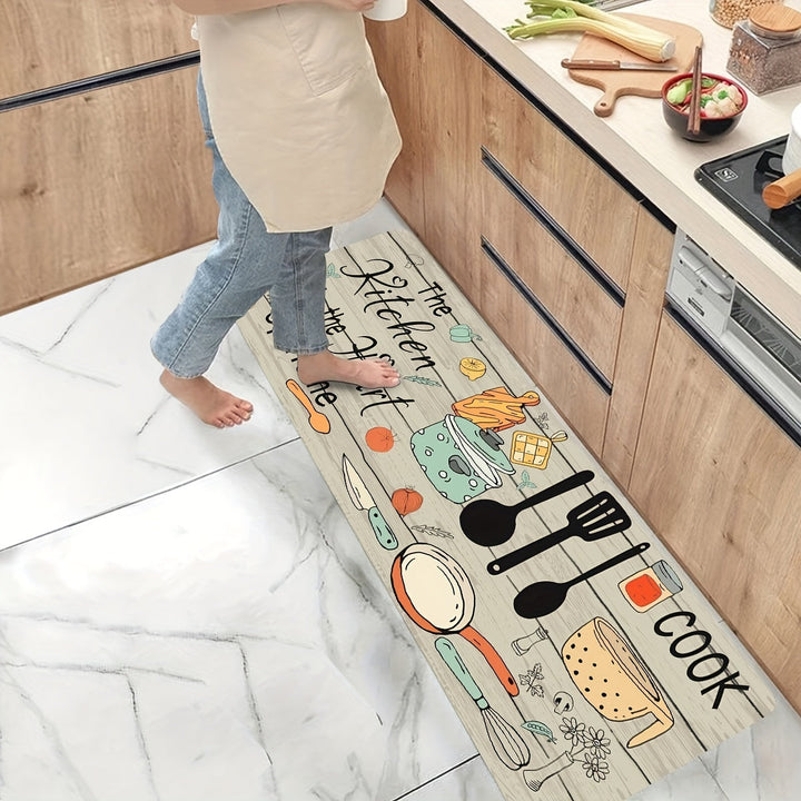Alfombra de cocina moderna con diseño de cubiertos y letras, en poliéster, 1 unidad