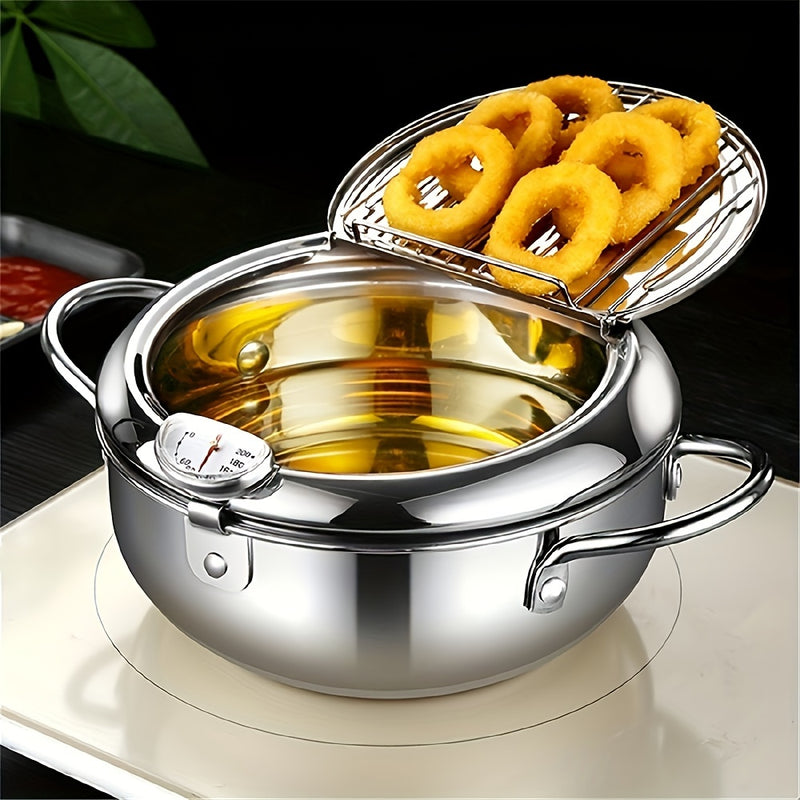 Olla freidora de tempura de acero inoxidable con termómetro e indicador de nivel de aceite - Ideal para freír huevos, carnes y vegetales - Utensilio de cocina duradero para uso en casa y restaurantes, cocedor de huevos, Hvarthai, freidoras de tempura