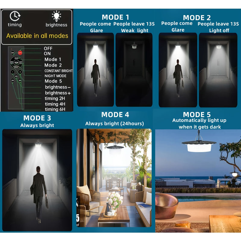 1-Pack Luz Solar para Cobertizo con Control Remoto, 244 LED Lámpara Colgante Solarte, Sensor de Movimiento y Impermeable IP65, Iluminación Exterior/Interior con Cuello Ajustable, Panel Solar, para Garaje, Patio, Camping, Jardín, Granero - Iluminación LED