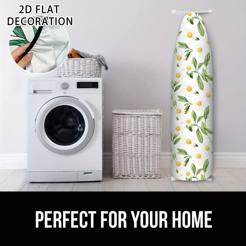 Funda de tabla de planchar 2D de diseño plano - Tamaño completo, relleno resistente al quemado, borde elástico, resistente, lavable en máquina - 1 pieza, blanco con patrón floral amarillo y verde, ideal para decoración de la habitación de lavado en casa,