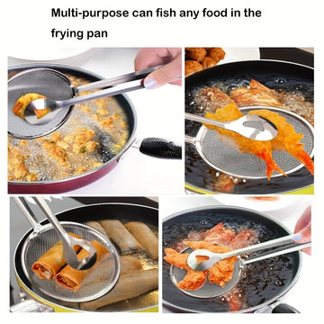 1pc Pinza de Acero Inoxidable para Filtro de Aceite con Malla Fin - Resistente a Altas Temperaturas (Segura hasta el Punto de Ebullición) - Cuchara y Pinza Dual para Dumplings, Rollos Primavera, Freír - Diseño Ergonómico, Herramienta Profesional para Coc