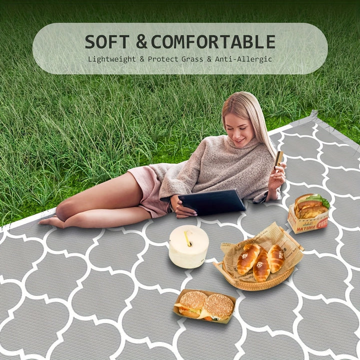Alfombra reversible grande de plástico trenzado en gris y blanco, tapete portátil para exteriores, patio, terraza, balcón, camping y picnics, lavable a máquina, tapete para camping, alfombra decorativa para exteriores, alfombra de plástico resistente