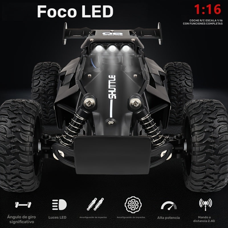 Buggy de RC Todo Terreno a Escala 1:16, Control Remoto de 2,4GHz, Batería de Litio Recargable de 500mAh, 20KM/H, con Luces LED, Carga USB, Anti-Colisión, para Edades de 14+
