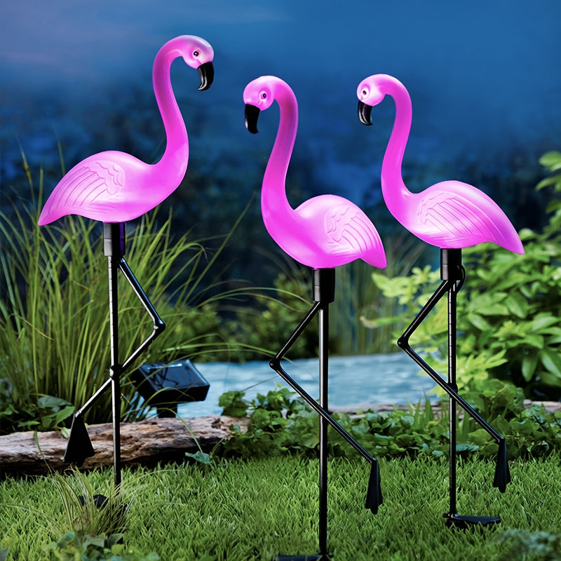 Juego de 3 luces solares con forma de flamenco, decoración para jardín, luces solares para exteriores, estacas decorativas para césped, estanque o patio trasero