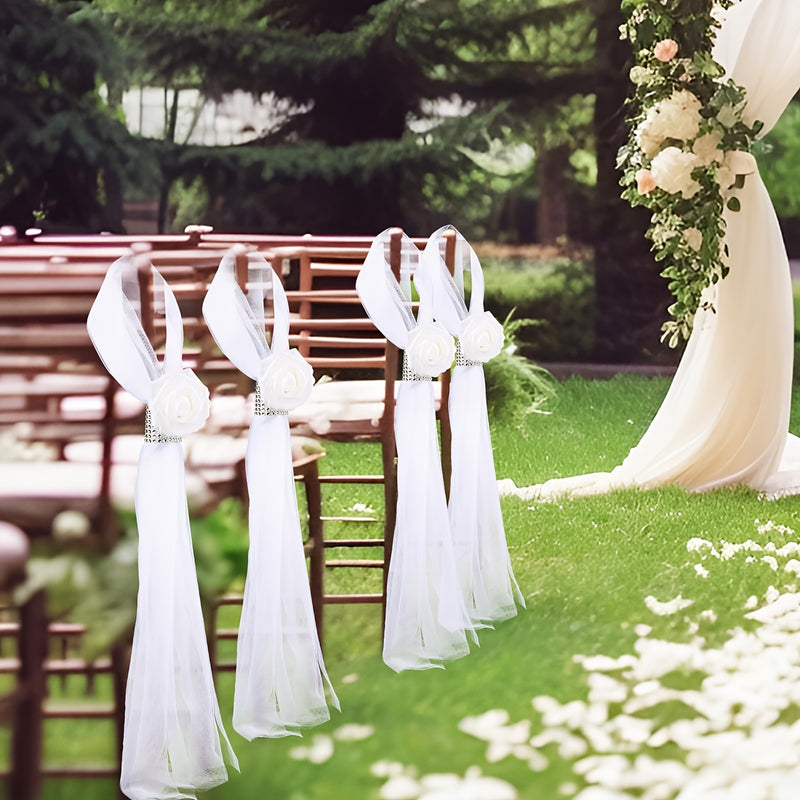 8 piezas de Decoraciones AITISOR para Pasillo y Sillas de Boda - Rosas Artificiales Blancas con Detalles de Estrás, Decoración Colgante de Tela para Iglesia, Hotel, Fiesta - Versátil para Bodas, Fiestas, Eventos de Primavera y Verano, Decoraciones Nupcia