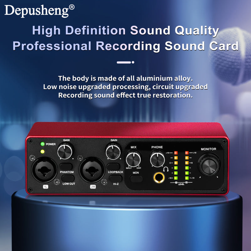 Interfaz de audio profesional DEPUSHENG de 2 canales - Grabación de 24 bits/196 kHz, interfaz XLR, alimentación fantasma, USB-C, aleación de aluminio, ideal para streaming de PC/Win/Mac y grabación de música, tarjeta de streaming de música | Tarjeta de s