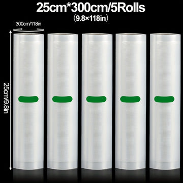 Paquete de 5 Rollos para Sellado al Vacío, Longitud de 3 Metros, Varios Anchos, Adecuados para Almacenamiento de Alimentos y Cocina Lenta a Baja Temperatura - Diseño Resistente al Desgarro Garantiza Máxima Frescura y Mayor Duración - Seguro para Contacto