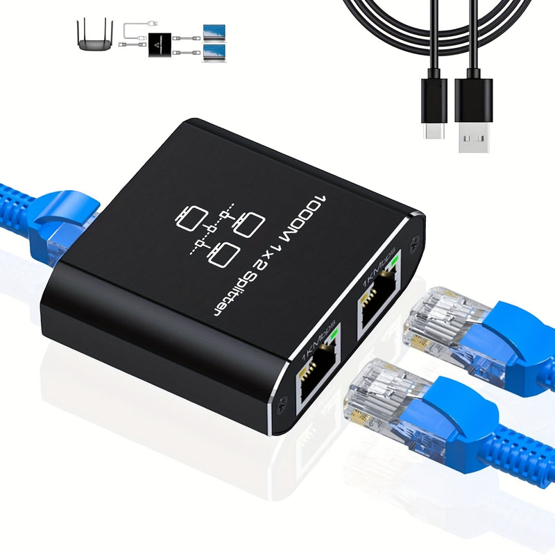 Divisor de Ethernet de 1 a 2 Gbps - Divisor de red con cable de alimentación USB, adaptador de divisor de Internet RJ45, velocidad de 1000 Mbps, adecuado para cables Cat 5/5E/6/7/8 para conectar 2 dispositivos simultáneamente.