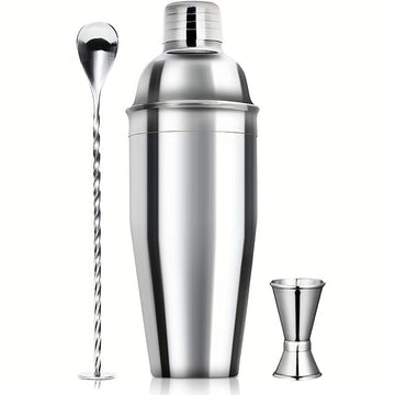 Juego de coctelera de acero inoxidable de 24 oz con jigger y cuchara mezcladora - Kit de barman profesional con colador incorporado para Martini, Margarita y mezcla de bebidas