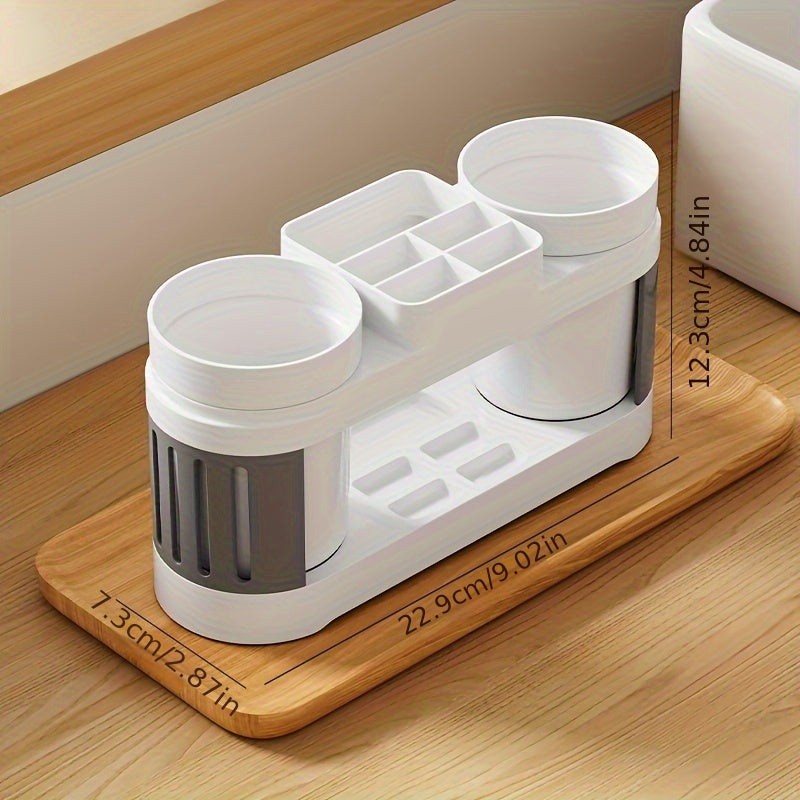 1set Soporte Moderno para Cepillos de Dientes de Plástico con Doble Vasos, Organizador de Baño Montado en el Suelo para Parejas, Juego de Vasos para Cepillos de Dientes y Enjuague Bucal No Eléctrico