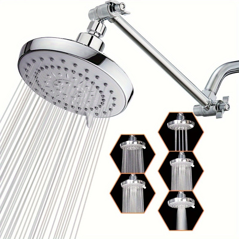 Cabezal de ducha de lluvia de alta presión ajustable de 5 modos con diámetro de 5" (12,7 cm) y brazo de extensión de 10" (25,4 cm) - Acabado pulido, montaje en pared, no requiere electricidad, plástico duradero para uso doméstico y comercial, cabezal de