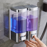 2 dispensadores de jabón sin taladro para montar en pared, con grifo automático sin contacto, dispensador de champú y gel de baño de plástico, fácil instalación para cocina y baño, diseño transparente, plástico duradero
