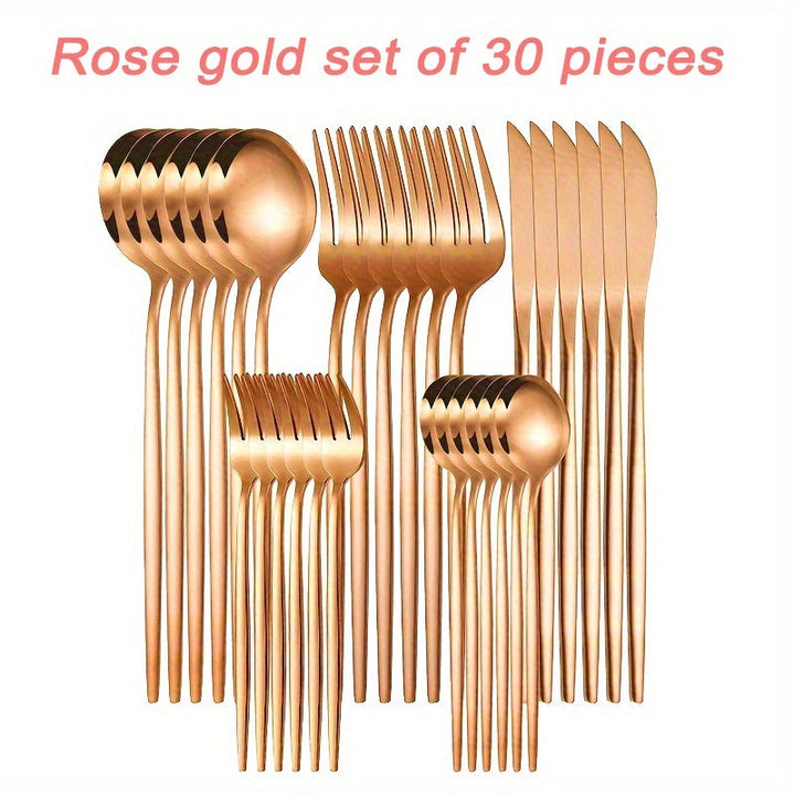 Juego de Cubiertos Elegante de Acero Inoxidable Dorado - 30 Piezas: Cuchillos, Tenedores y Cucharas Postre - Apto para Lavavajillas, Ideal para Hogar, Cocina, Restaurantes, Hoteles, Fiestas, Acción de Gracias, Navidad y Bodas - Juego de Utensilios de Alt