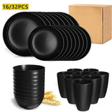 Juego de vajilla reutilizable de paja de trigo, 16/32 piezas, redondo, diseño sólido, plástico, apto para microondas y lavavajillas, para familia, camping, picnic, fiestas, suministros de cocina, vajilla para días festivos