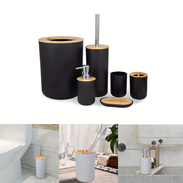 1 Juegos De 6 Piezas, Accesorios De Baño De Plástico, Con Cepillo De Inodoro, Dispensador De Jabón, Papelera, Portacepillos De Dientes, Vaso Para Cepillos De Dientes, Jabonera, Kit De Baño Práctico Para El Hogar Baño