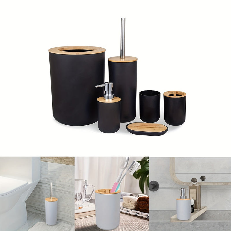 1 Juegos De 6 Piezas, Accesorios De Baño De Plástico, Con Cepillo De Inodoro, Dispensador De Jabón, Papelera, Portacepillos De Dientes, Vaso Para Cepillos De Dientes, Jabonera, Kit De Baño Práctico Para El Hogar Baño