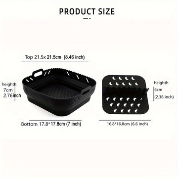 Conjunto de 2 piezas de Bandeja de Silicona para Freidora de Aire de Alta Calidad, 21.59 cm Cuadrada, Resistente al Calor, Fácil de Limpiar, Lavable en Platos, Negro/Gris