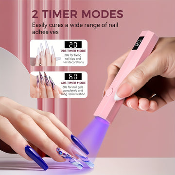 Secador de Uñas Portátil con Temporizador Digital - Lámpara LED Rápida para Manicura/Pedicura, Secado Rápido, Batería de Litio y Carga USB (Sin Adaptador Necesario) - Rosa Brillante/Blanco, Herramienta de Belleza Estilosa, Exterior en Plástico Brillante