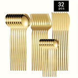 Juego de cubiertos de acero inoxidable dorado pulido, 16/24/32 piezas, en caja de regalo, incluye tenedor, cuchillo y cuchara, apto para lavavajillas, ideal para Navidad, Halloween, Pascua, 4 de julio y otras celebraciones
