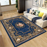 Una alfombra cuadrada con fondo azul y patrones dorados, con diseños florales vintage, adecuada para decorar dormitorios y salones, para uso interior.