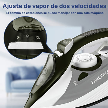 Plancha compacta y potente PANCERKA para todo tipo de telas, incluyendo lana, poliéster, seda, lino y nylon. Incluye función de vaporizador, placa antiadherente, tecnología SmartSteam, sistema antigoteo y apagado automático
