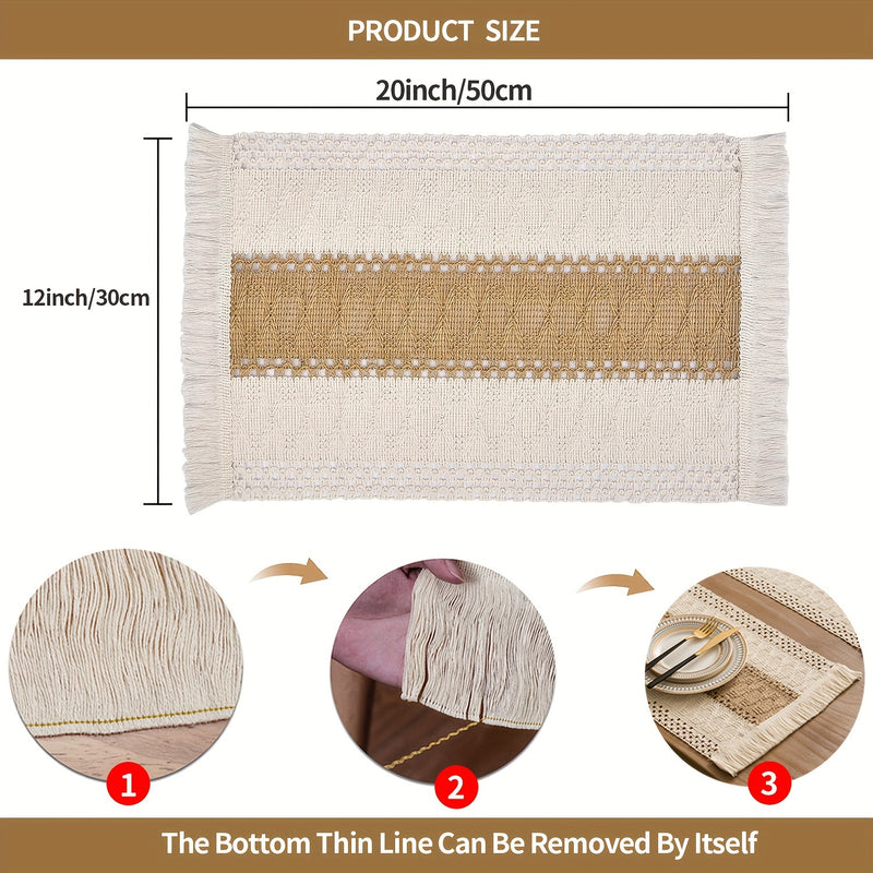 4/6piezas Manteles de arpillera bohemios, manteles de mesa de lino tejido a mano de estilo chic, manteles rectangulares de rayas con sensación de lujo ligero, adecuados para mesas de café, decoración del hogar y decoración de entretenimiento festivo - Du