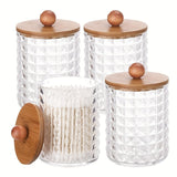 4 frascos dispensadores para bolas de algodón, hisopos, discos redondos y palillos de hilo dental - Frasco de plástico de 10 oz con tapa marrón para organización en el baño