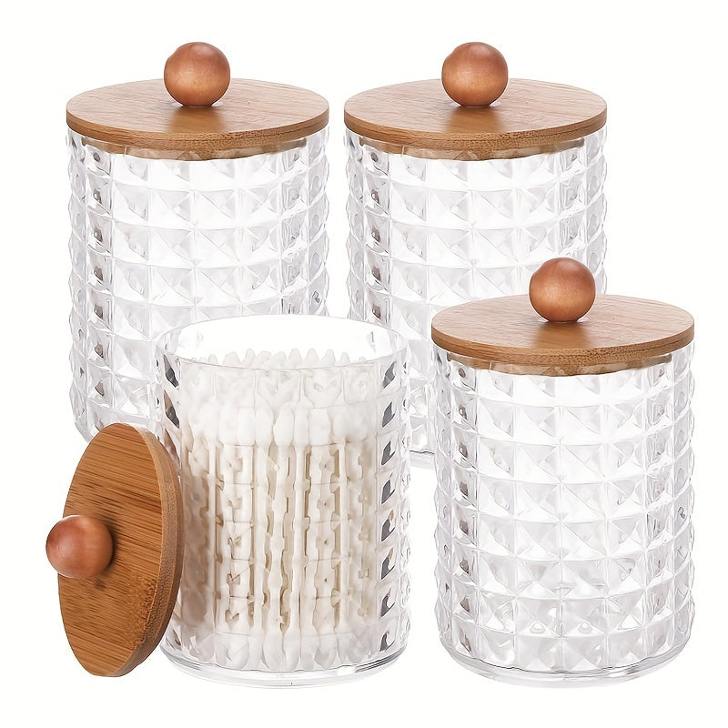 4 frascos dispensadores para bolas de algodón, hisopos, discos redondos y palillos de hilo dental - Frasco de plástico de 10 oz con tapa marrón para organización en el baño